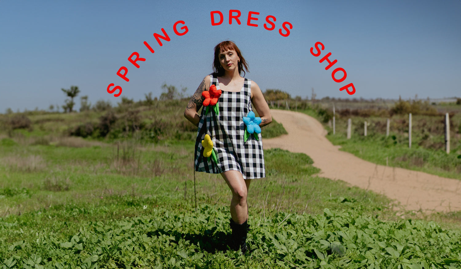 woman standing in a field wearing a black and white gingham dress with colorful puffy flowers sewn on