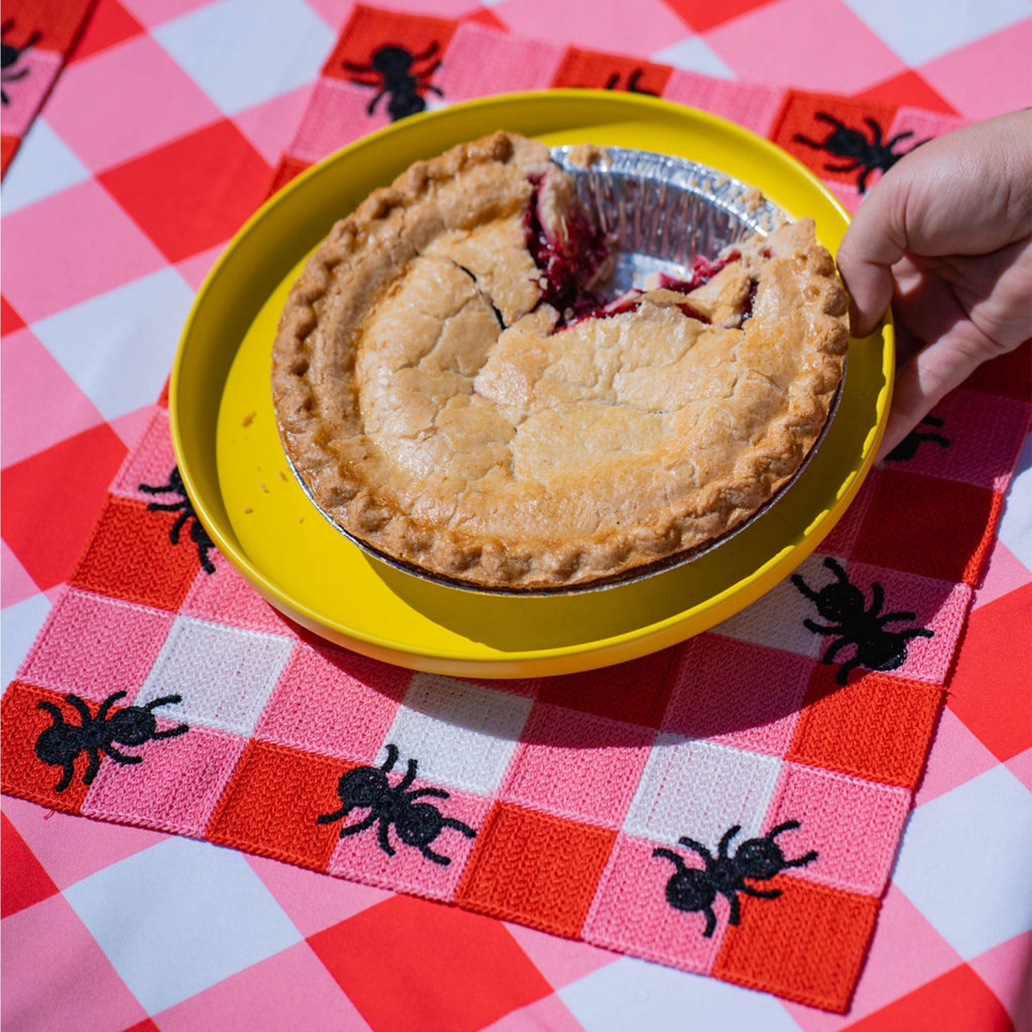 A single placemat with a red and white gingham pattern and black ant picnic embroidery, displayed on a table with a pie on top of it.